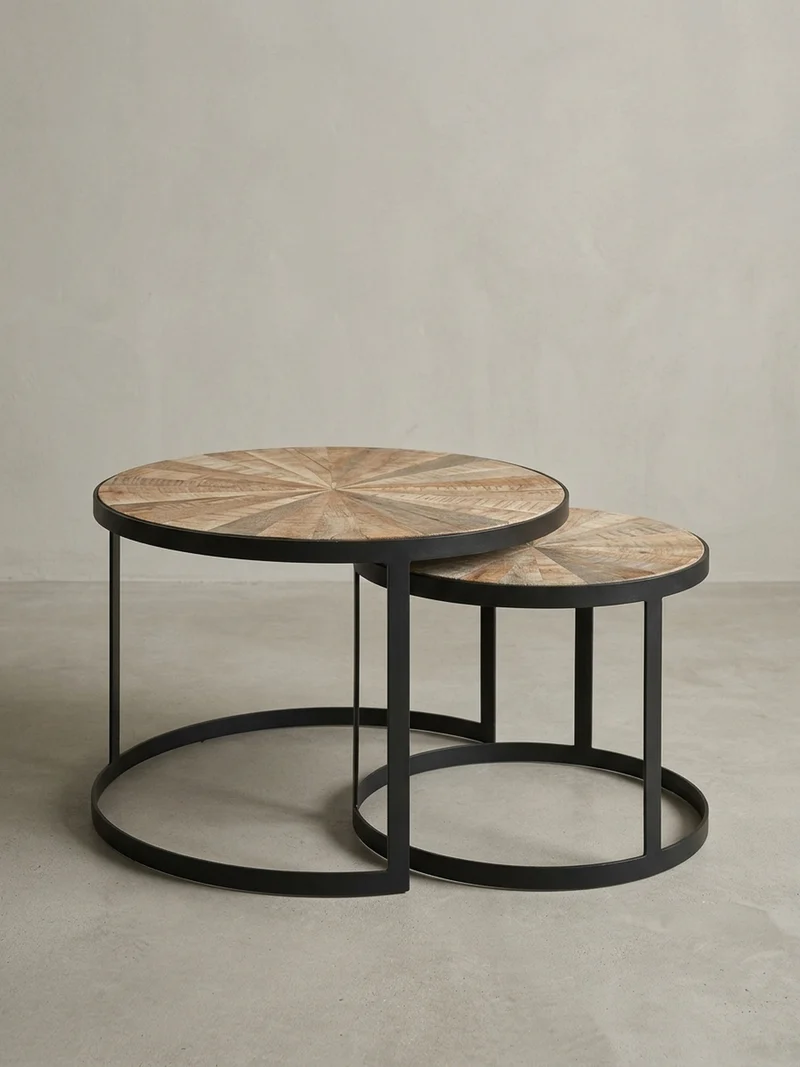 Couchtisch 2er Set Massivholz Metall Platzsparend Handgefertigt