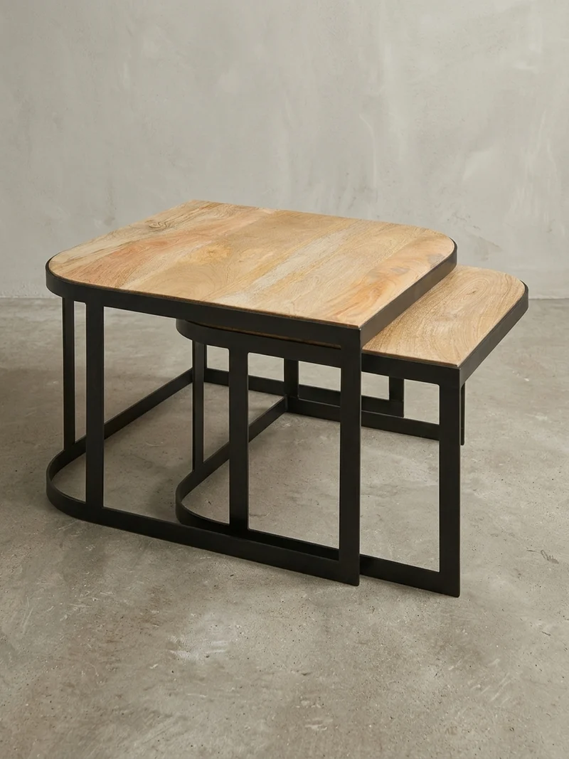 Beistelltisch 2er Set Mango Massivholz Eisen Abgerundete Ecken