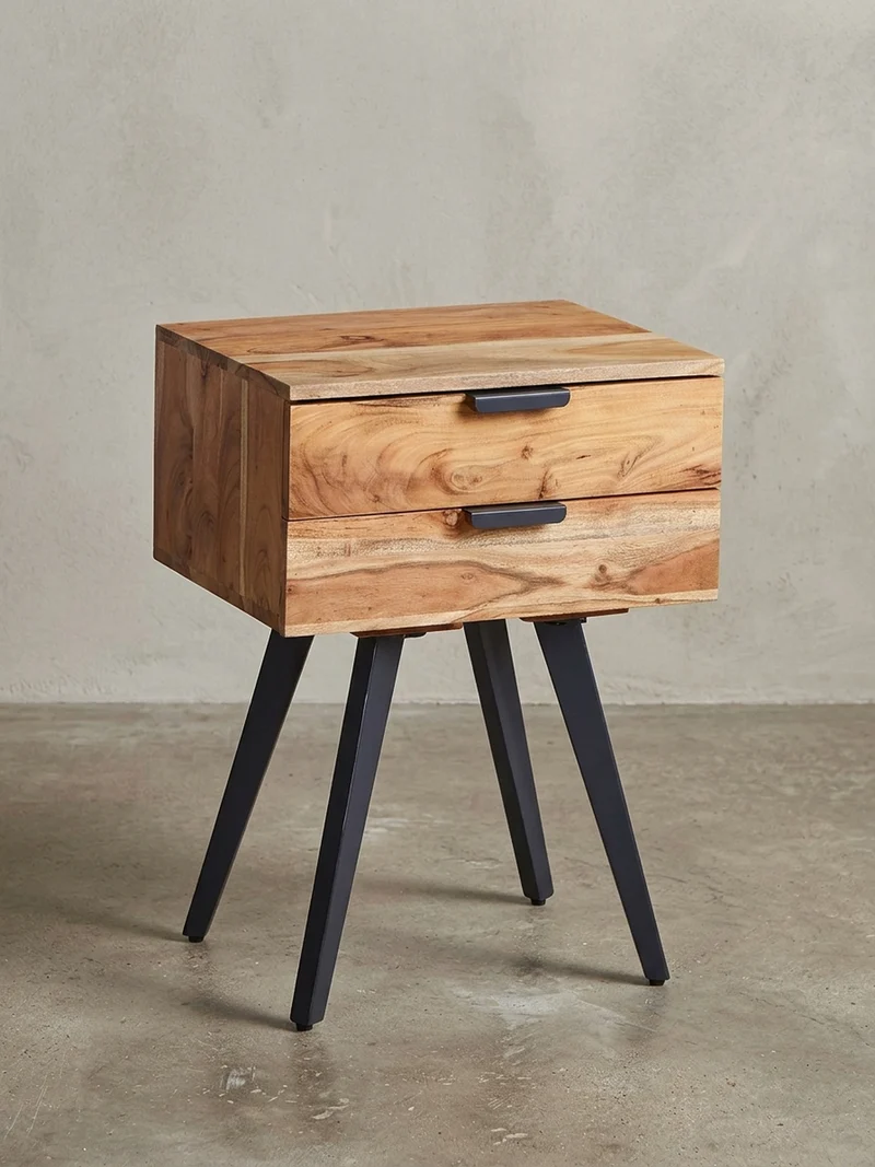 Nachttisch – Akazie Massivholz, Industrial-Stil, handmade, braun/grau