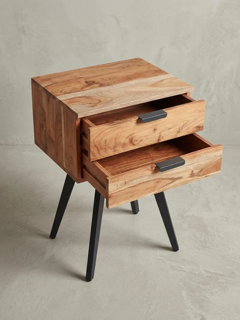 Nachttisch – Akazie Massivholz, Industrial-Stil, handmade, braun/grau