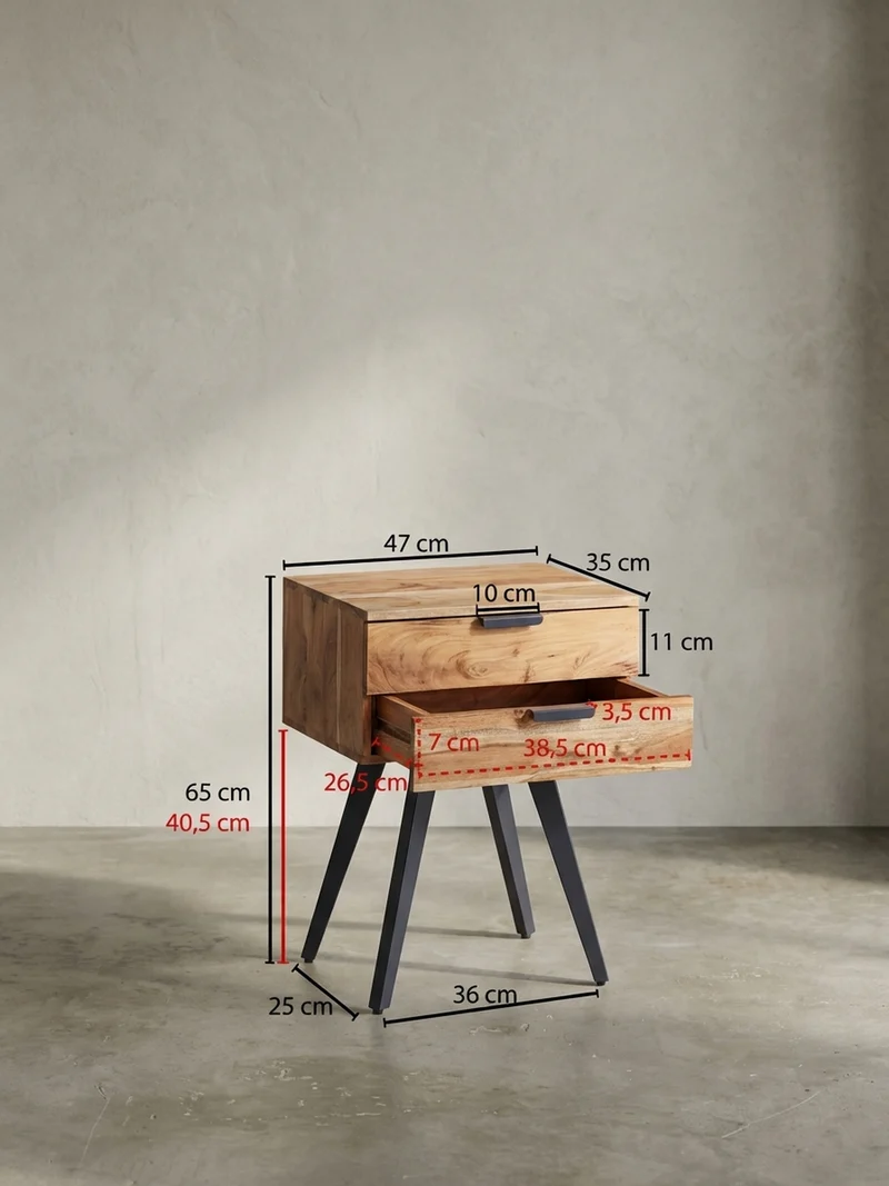 Nachttisch – Akazie Massivholz, Industrial-Stil, handmade, braun/grau