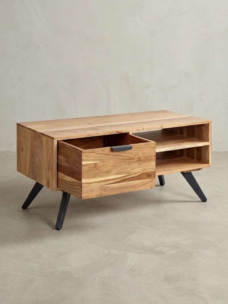 Couchtisch Massivholz und Metall, Modernes Design, Großer Stauraum, Robuste Beine