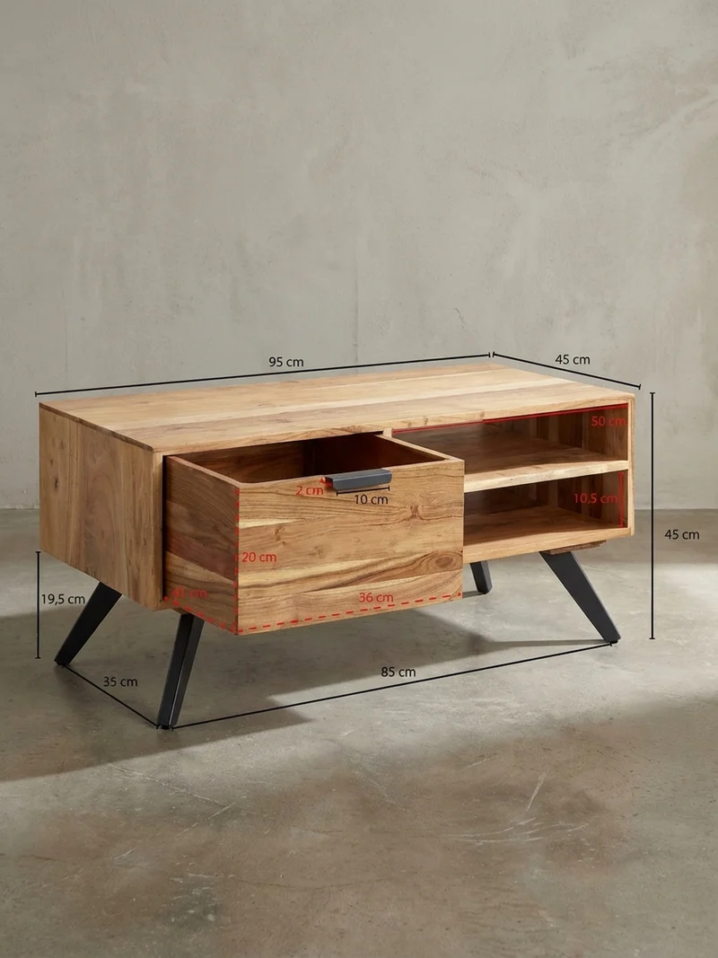 Couchtisch Massivholz und Metall, Modernes Design, Großer Stauraum, Robuste Beine
