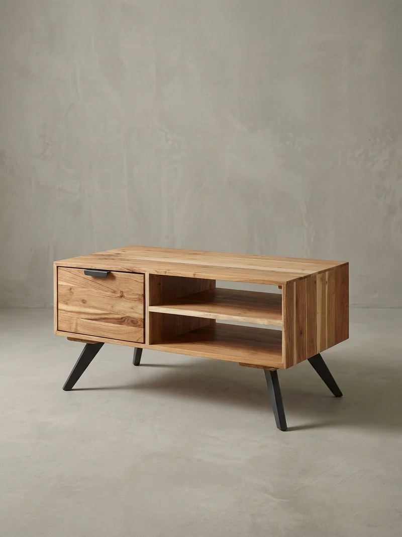Couchtisch Massivholz und Metall, Modernes Design, Großer Stauraum, Robuste Beine