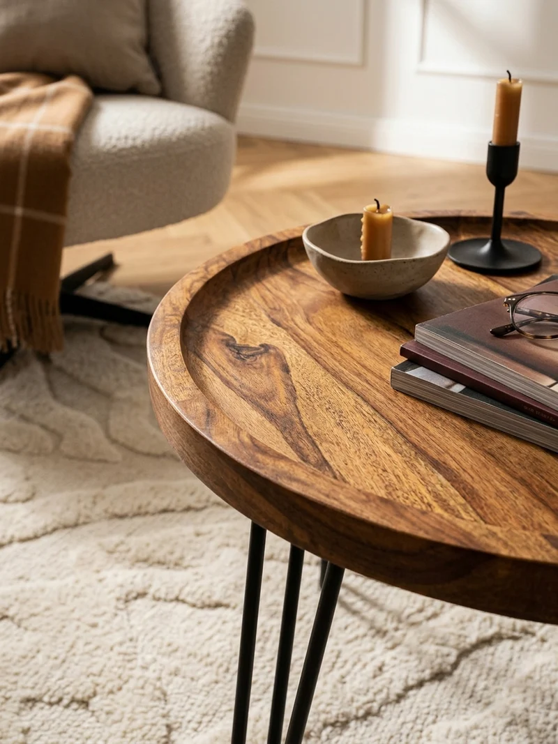 Couchtisch in Braun, Sheeshamholz mit Haarnadelbeinen, Modernes Design