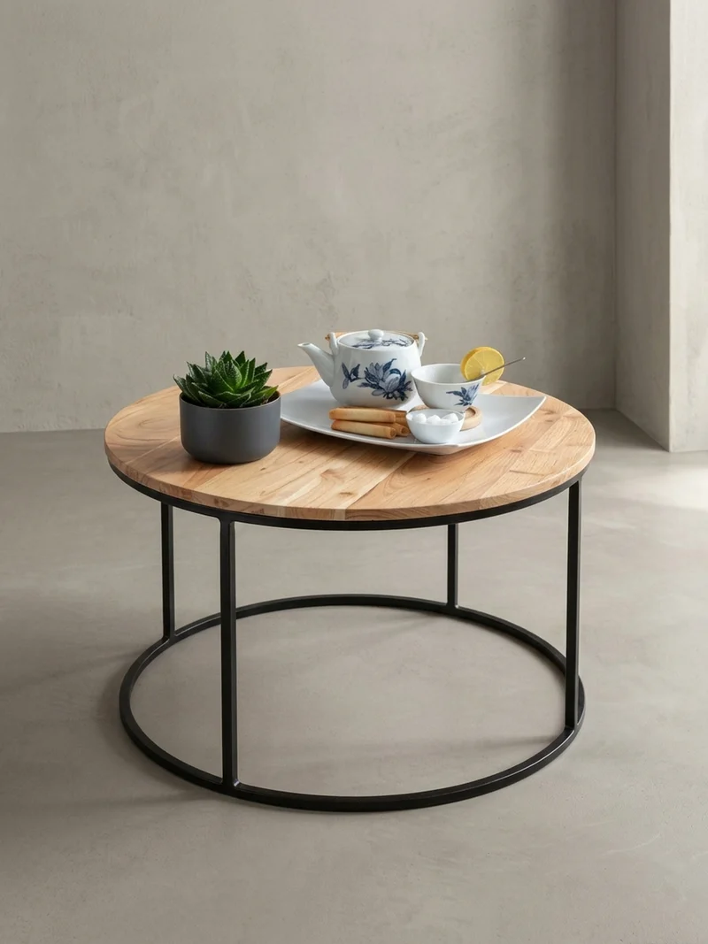 Couchtisch Naturholz mit stabiler Konstruktion und runder Ablage, Belastbarkeit 50 kg