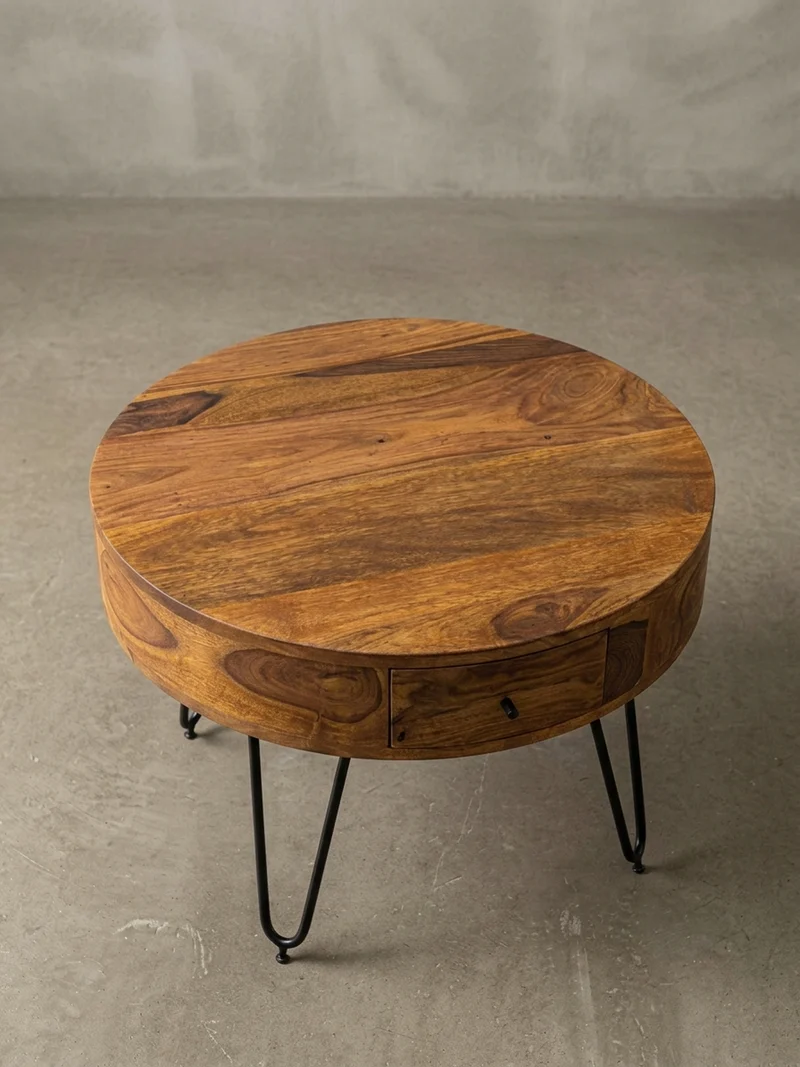 Couchtisch Sheesham-Massivholz Schwarz, Metallbeine, Handgefertigt, Mit Schubladen