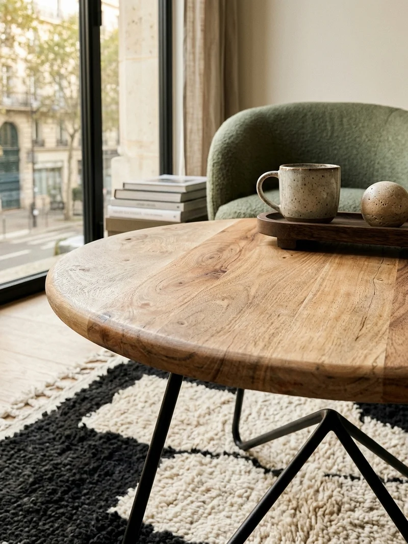 Couchtisch Akazienholz mit Haarnadelgestell, Modernes Design, Große Ablagefläche