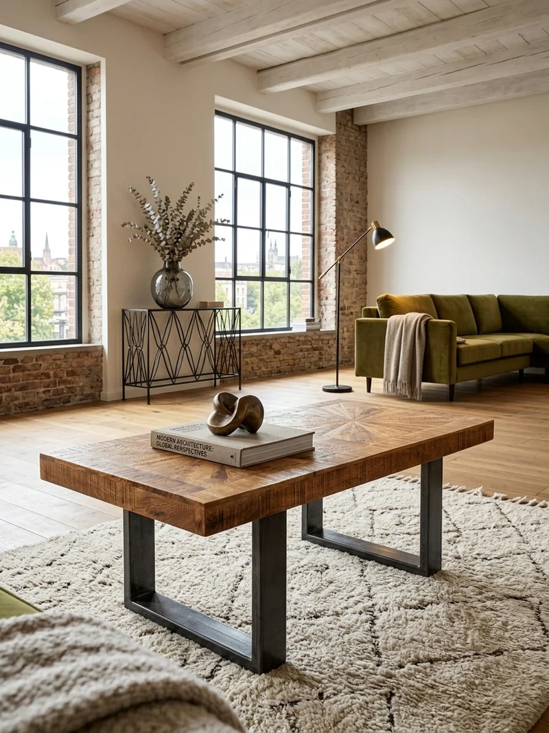 Couchtisch Mangoholz in Rustikalem Stil mit Metallbeinen, Maße 105x40x55 cm, Traglast 50 kg