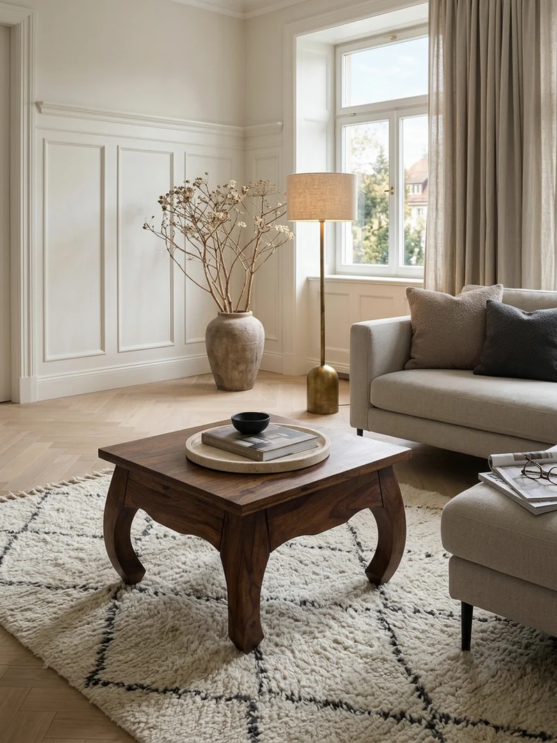 Couchtisch Sheesham Holz 60x60 cm, Landhausstil, handgefertigt, Opium-Form, pflegeleicht und robust