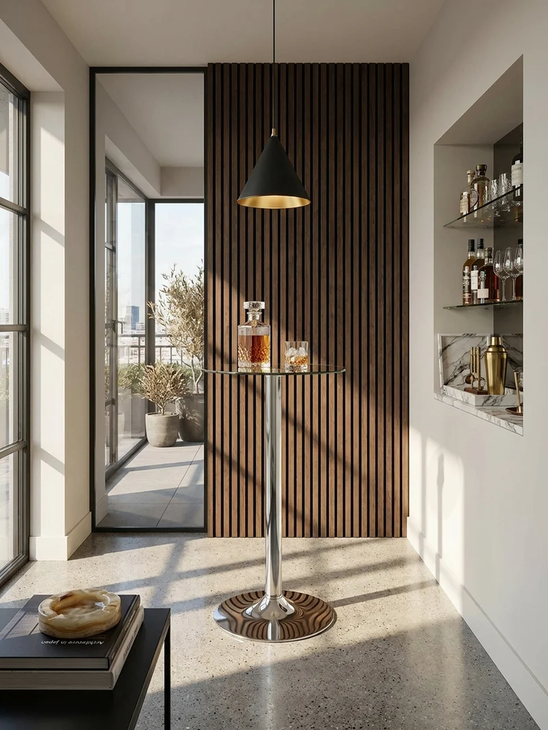 Stehtisch – Ø 60 cm, Sicherheitsglas, Drehfunktion, Trompetenfuß, Chrom