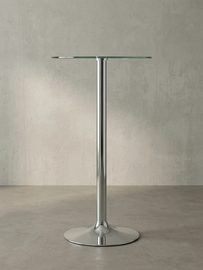 Stehtisch – Ø 60 cm, Sicherheitsglas, Drehfunktion, Trompetenfuß, Chrom
