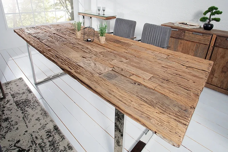 Unikat Esstisch OLD TEAK 200cm inkl. Glasplatte und Stahlgestell
