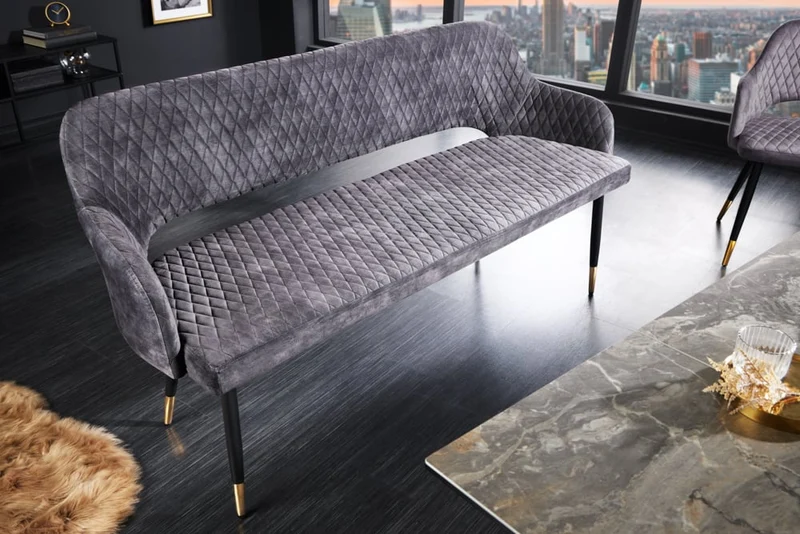 Design Sitzbank FRANCE 160cm Samt grau Ziersteppung Armlehnen