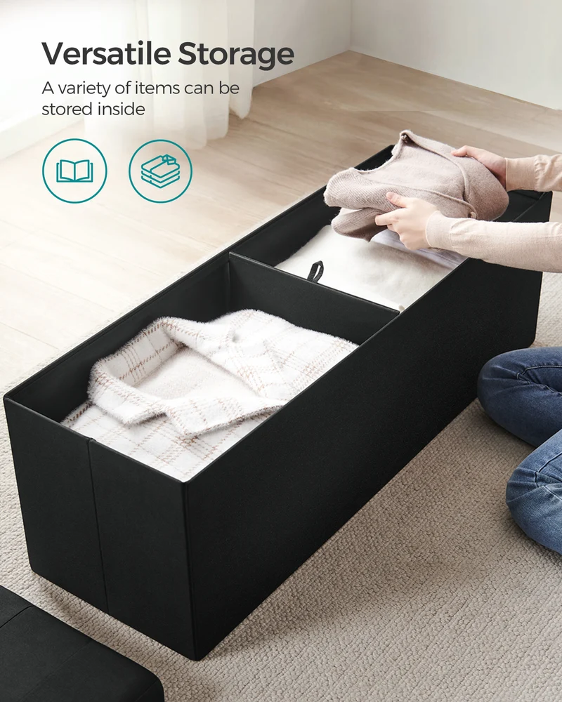 SONGMICS 43" Folding Storage Ottoman Bench, Ottoman with Storage, End of Bed Bench, Hold up to 660lbs Black