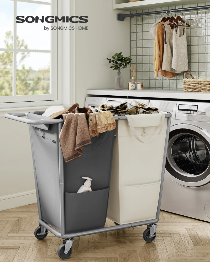2-Section Laundry Basket with Wheels, Removable Bags, Steel Frame, 50.2 Gallons (190 L), White and Gray