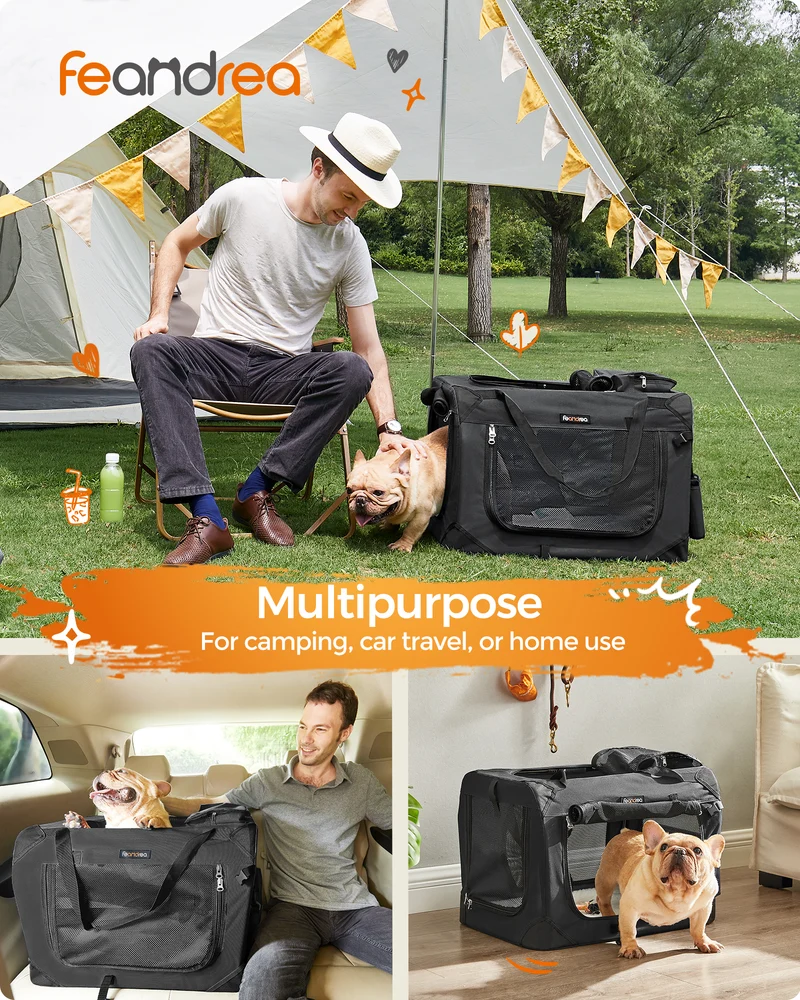24-Inch Collapsible Dog Crate, Portable Pet Carrier with 3 Doors & Safety Zippers, Water-Resistant Soft Kennel for Small Medium Dogs, Black