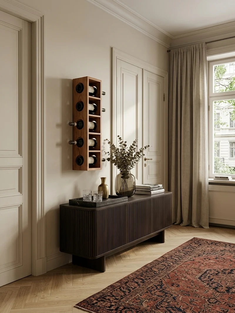 Weinregal Massivholz mit 5 Fächern Wandmontage Edelholz-Optik