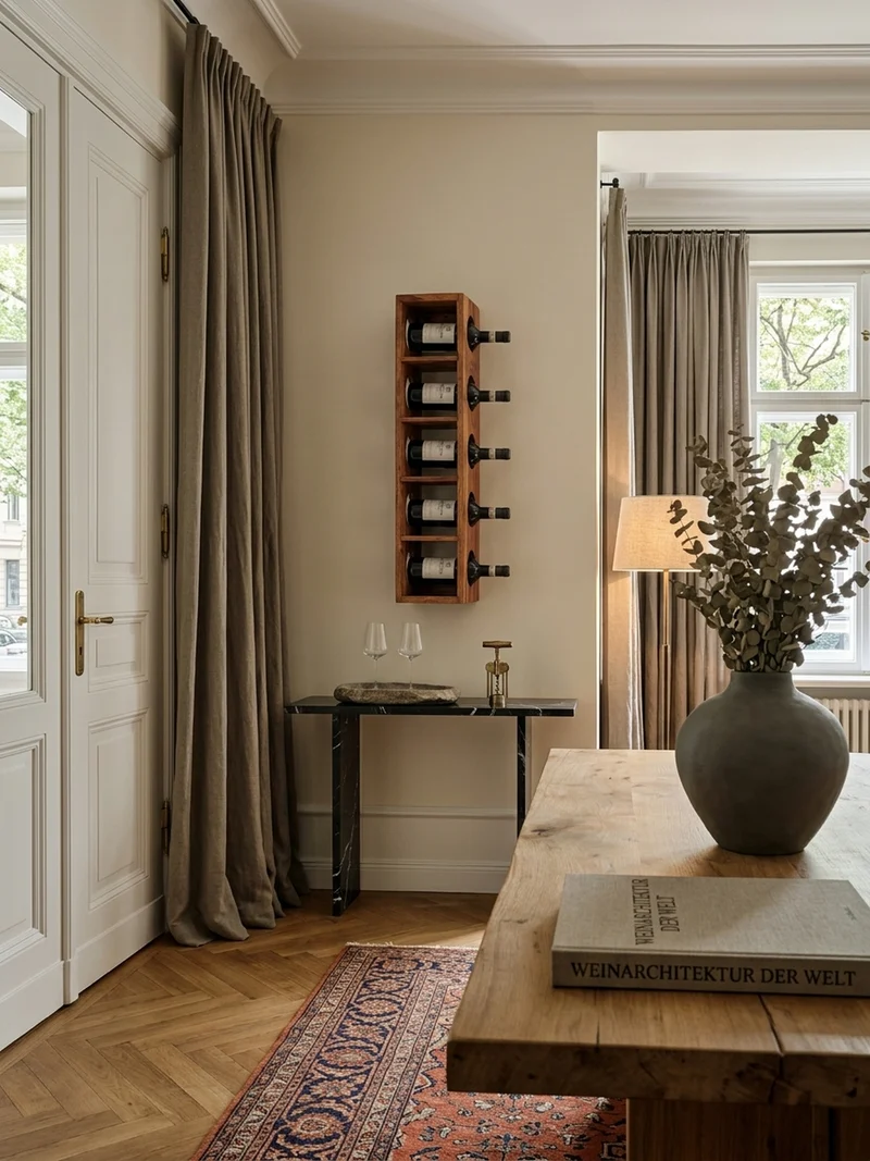 Weinregal Massivholz mit 5 Fächern Wandmontage Edelholz-Optik
