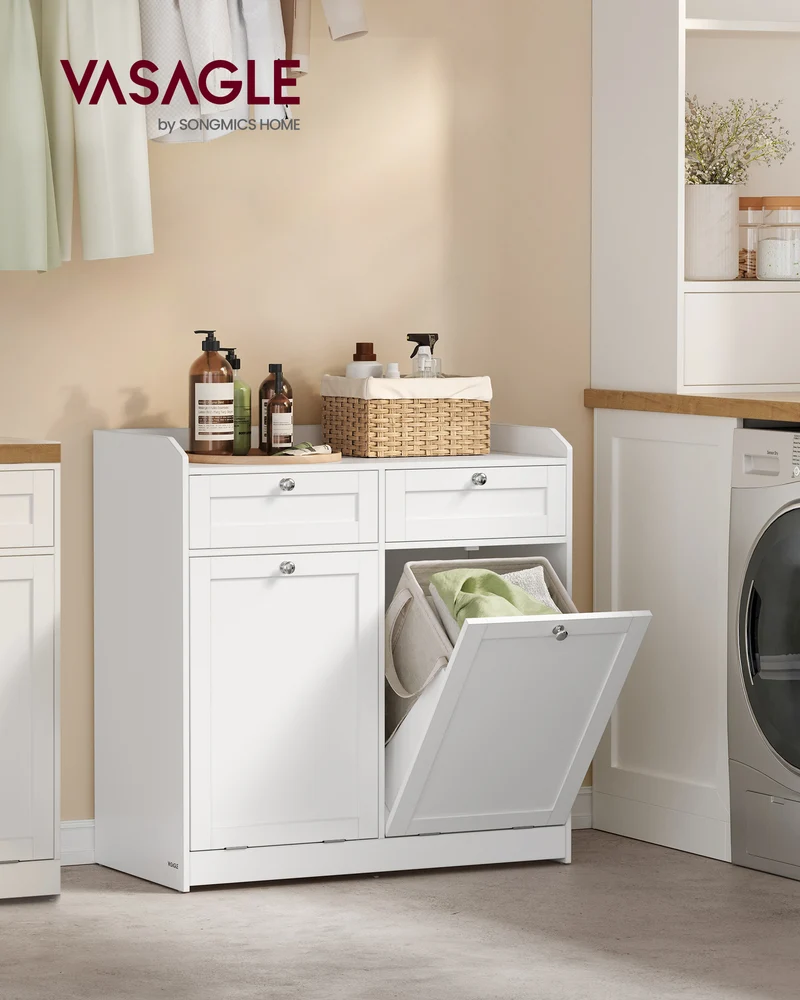 Cloud White Bathroom Cabinet with Dual Hidden Laundry Hampers - Stylish Storage Solution for Your Bathroom