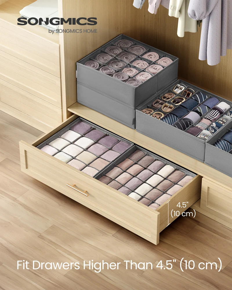 4-Pack Drawer Organizers, 80-Cell Foldable Dividers with 48 Small & 32 Large Compartments, for Socks Underwear Accessories, Dove Gray