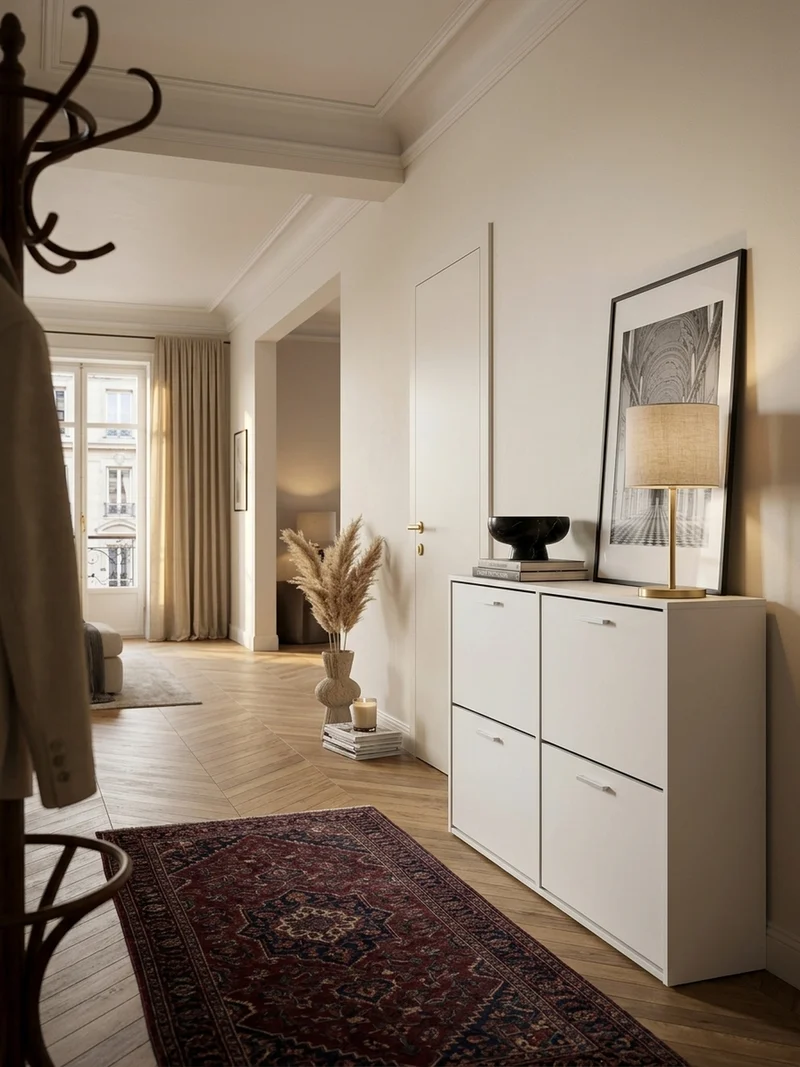 Schuhschrank Holz mit 4 Klappen und großer Ablage