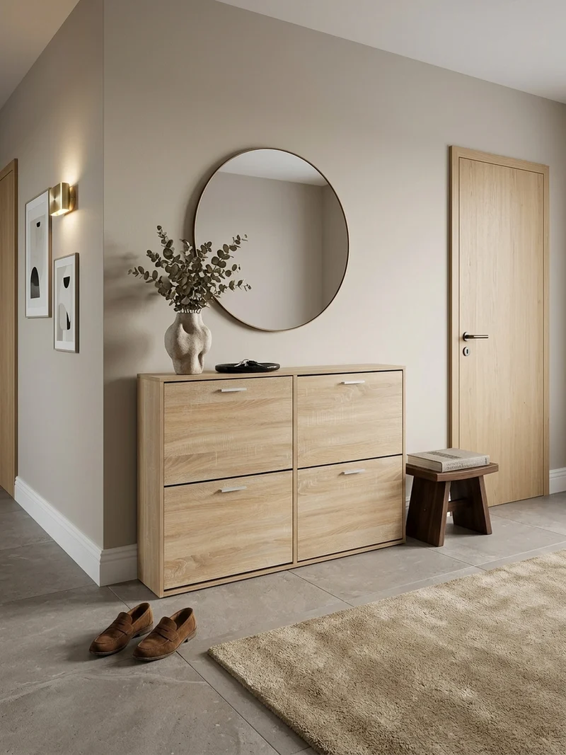 Schuhschrank Holz mit 4 Klappen und großer Ablage