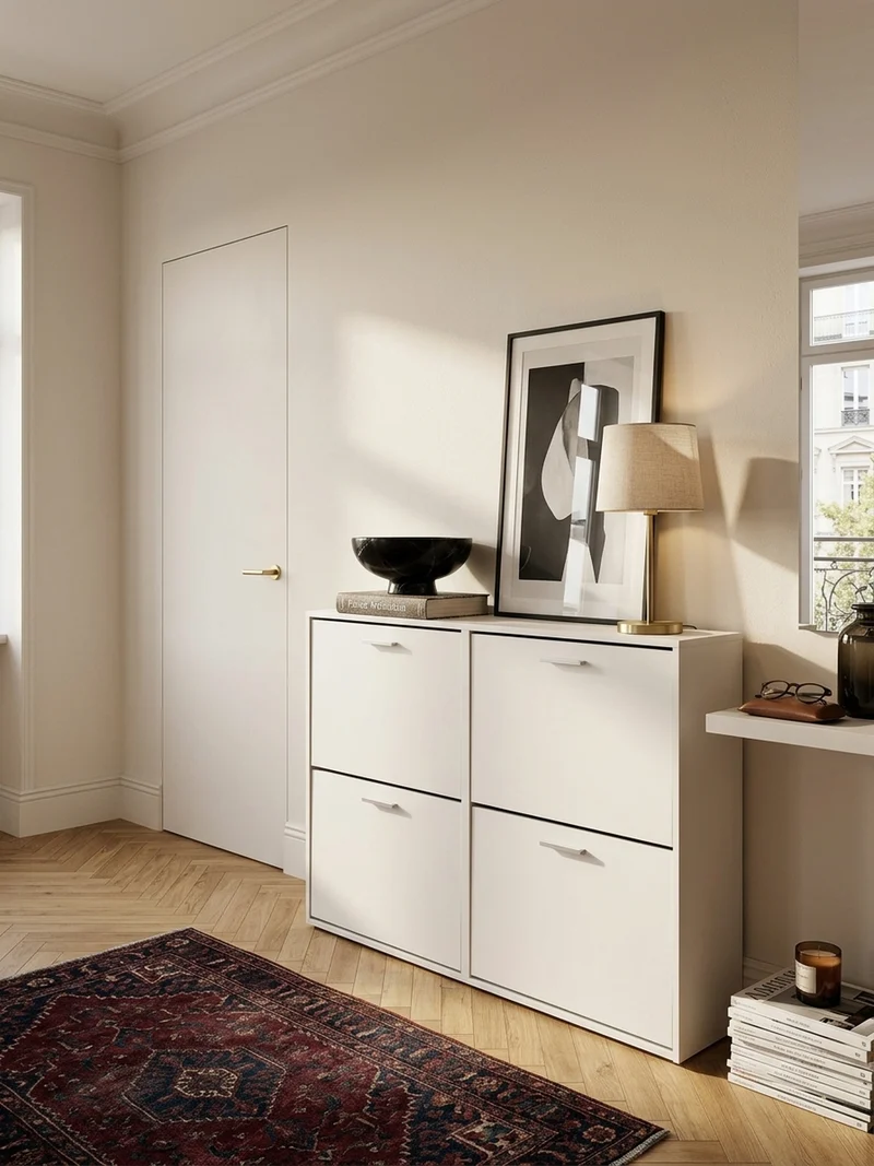Schuhschrank Holz mit 4 Klappen und großer Ablage