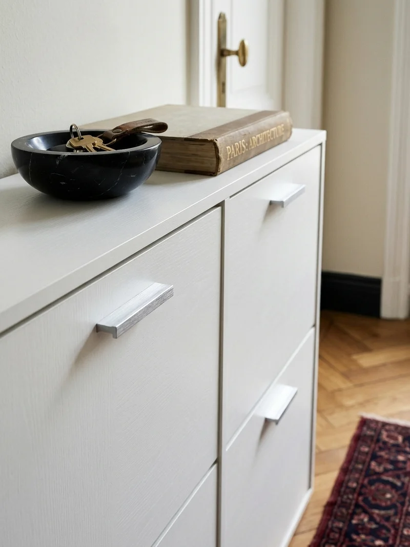Schuhschrank Holz mit 4 Klappen und großer Ablage