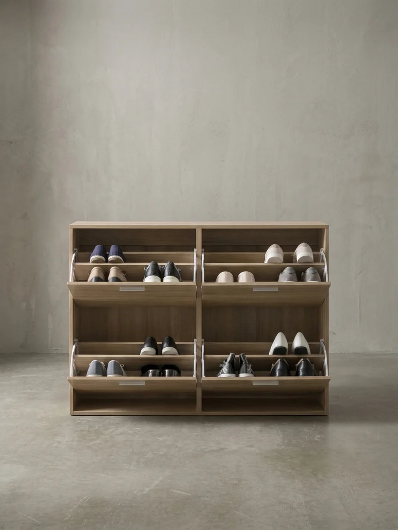 Schuhschrank Holz mit 4 Klappen und großer Ablage