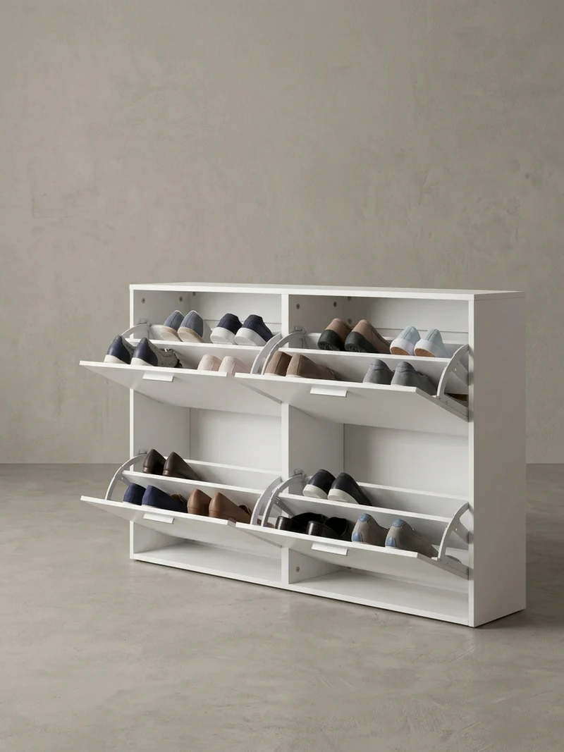 Schuhschrank Holz mit 4 Klappen und großer Ablage