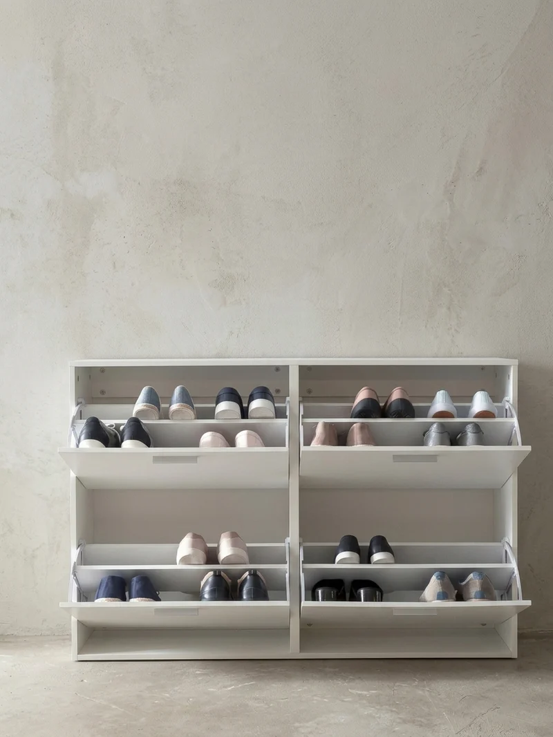 Schuhschrank Holz mit 4 Klappen und großer Ablage
