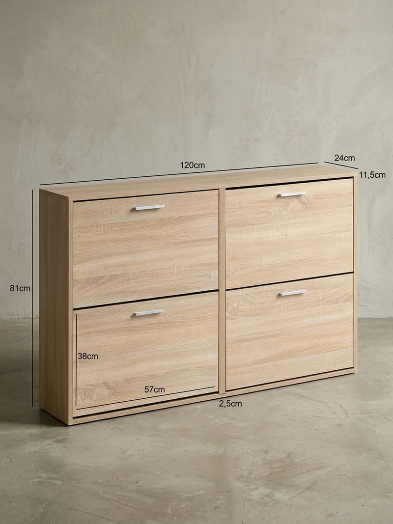 Schuhschrank Holz mit 4 Klappen und großer Ablage