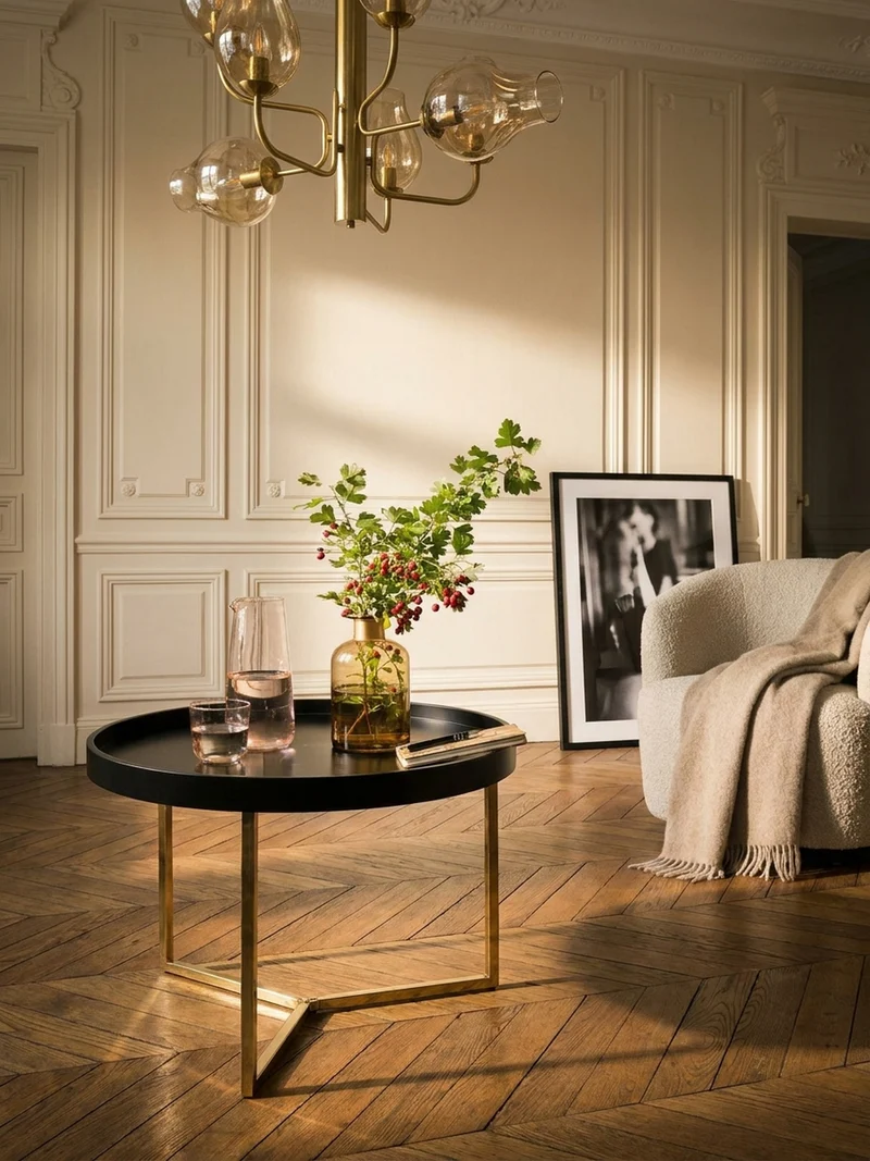 Sofatisch Rund mit Metallgestell, Retro Stil, abnehmbares Tablett und Anti-Rutsch-Noppen