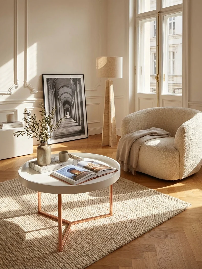 Sofatisch Rund mit Metallgestell, Retro Stil, abnehmbares Tablett und Anti-Rutsch-Noppen