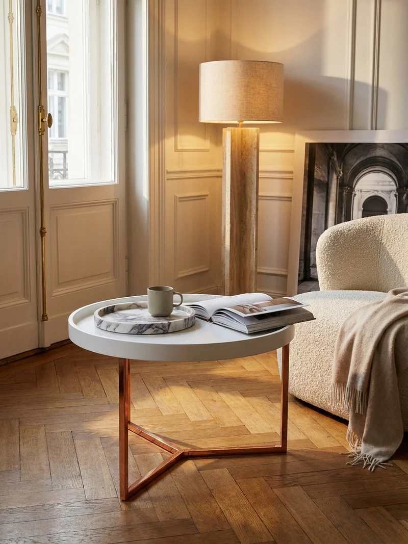 Sofatisch Rund mit Metallgestell, Retro Stil, abnehmbares Tablett und Anti-Rutsch-Noppen
