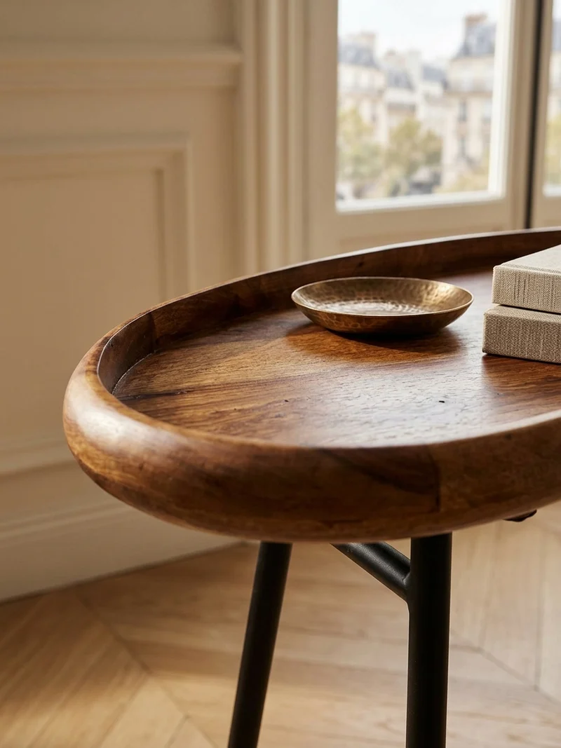Couchtisch Massivholz mit Metallbeinen, Nierenform, Handgefertigt