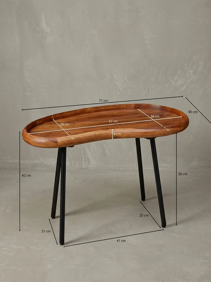 Couchtisch Massivholz mit Metallbeinen, Nierenform, Handgefertigt
