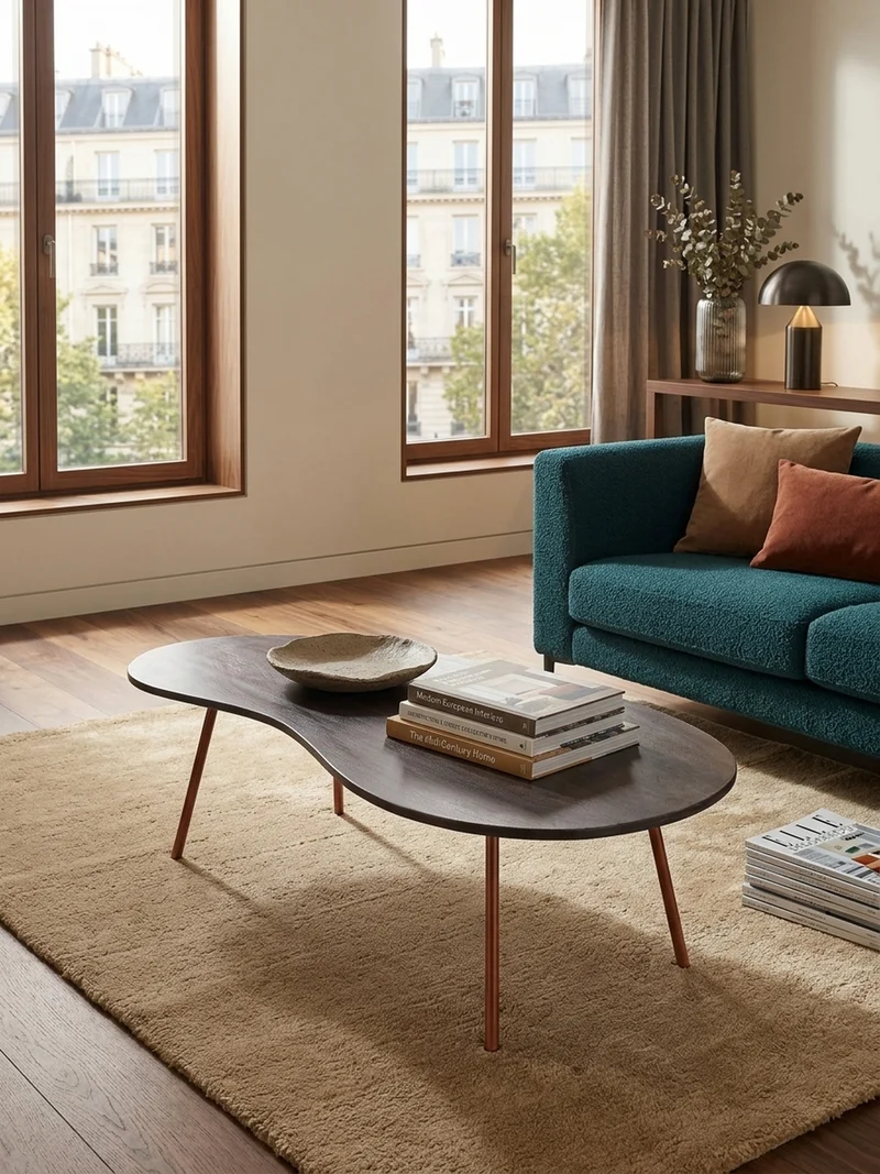 Couchtisch Retro-Stil mit Nierenform, Massivholz, Metallbeine, pflegeleichte Tischplatte