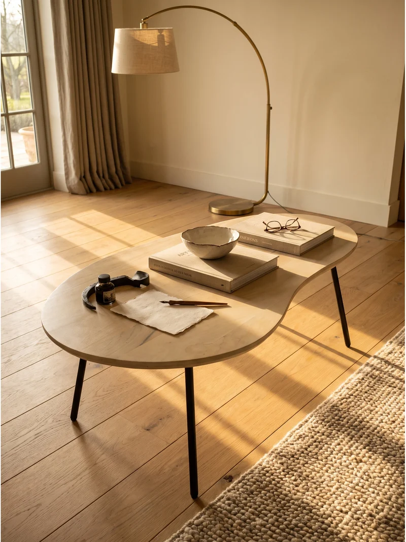 Couchtisch Retro-Stil mit Nierenform, Massivholz, Metallbeine, pflegeleichte Tischplatte