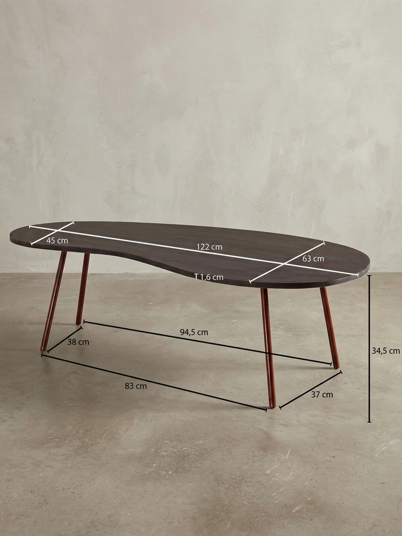Couchtisch Retro-Stil mit Nierenform, Massivholz, Metallbeine, pflegeleichte Tischplatte