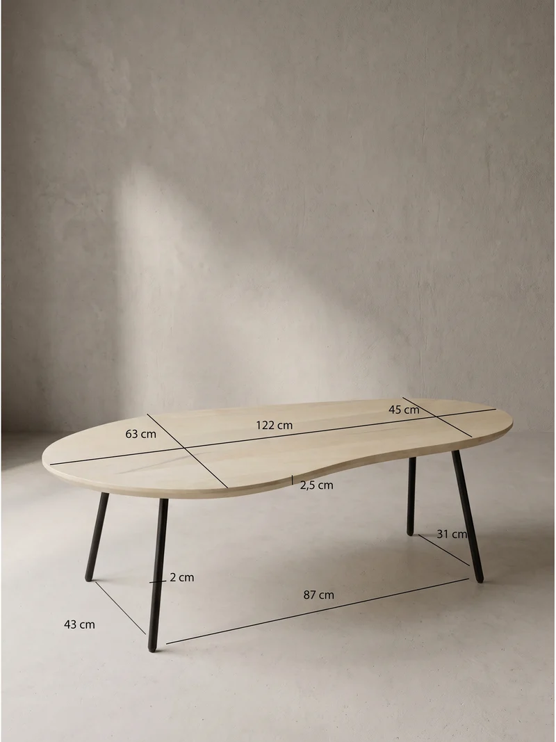 Couchtisch Retro-Stil mit Nierenform, Massivholz, Metallbeine, pflegeleichte Tischplatte