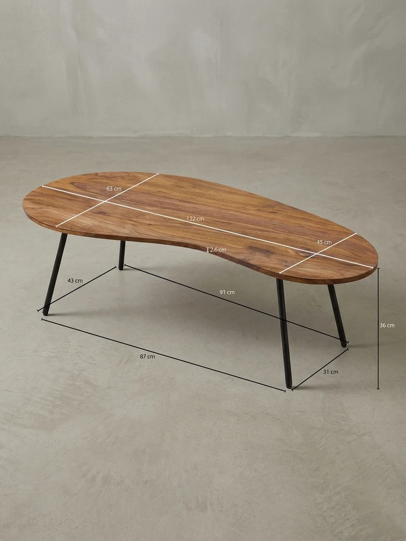 Couchtisch Retro-Stil mit Nierenform, Massivholz, Metallbeine, pflegeleichte Tischplatte