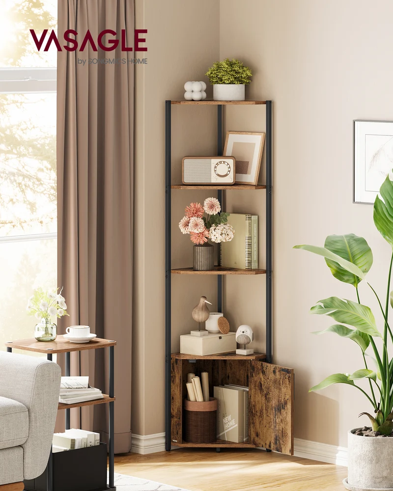 Corner Shelf with Storage, Corner Storage Cabinet, 5-Tier Corner Shelving Unit, Corner Storage Stand, Rustic Brown and Ink Black