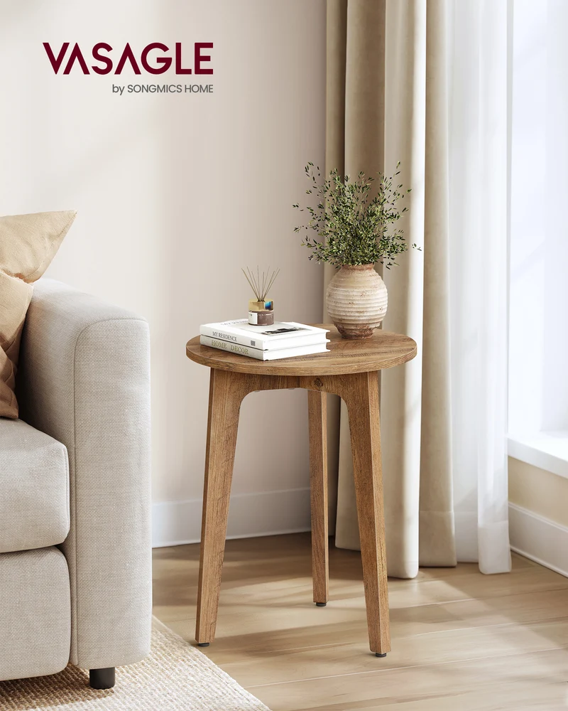 Compact Round Nightstand, Small Side End Table, Mid-Century Modern Style, for Tight Spaces, Brown