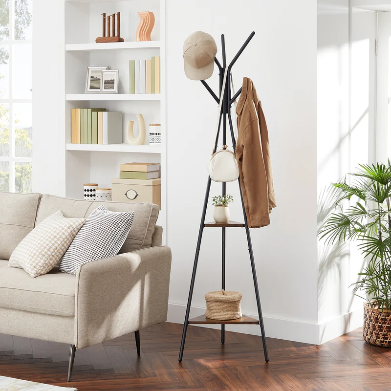 VASAGLE Freestanding Coat Rack with 2 Shelves, Industrial Style Hall Tree for Clothes, Hats, Bags