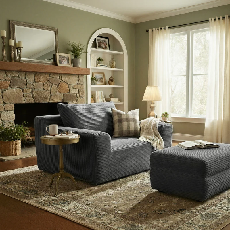 51.2 Inch Single Sofa Chair, No-Assembly Compression Armchair with Wide Seat & Corduroy Upholstery, 287 lb Capacity for Living Room Dorm, Slate Grey