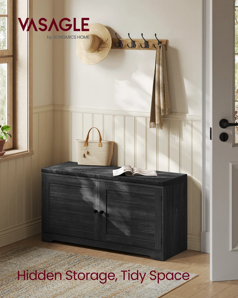 3-Tier Shoe Storage Bench with Cushion, 39.8 Inch Entryway Seat with Adjustable Shelves and Doors, Charcoal Gray