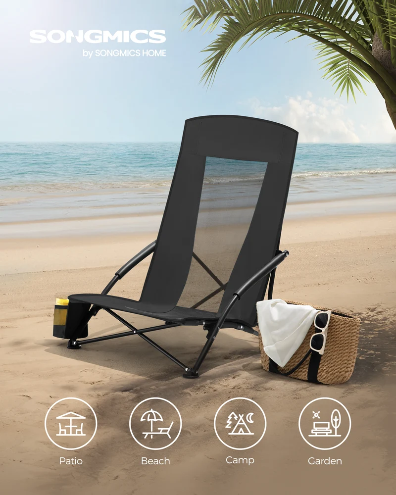 Portable Folding Beach Camping Chair with High Backrest, Cup Holder, Lightweight Heavy-Duty Design, Supports 330 lbs, Black