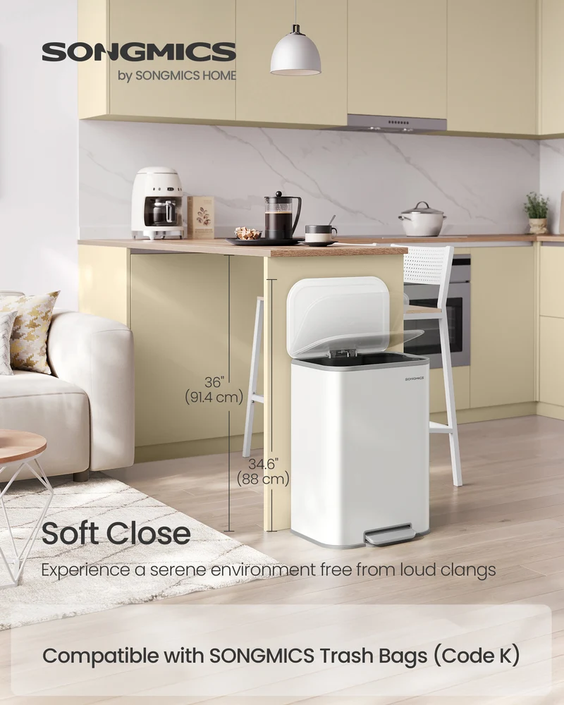 13-Gallon Stainless Steel Trash Can with Soft-Close Lid, Inner Bucket and Wide Pedal, Compact Kitchen Garbage Bin, Cloud White
